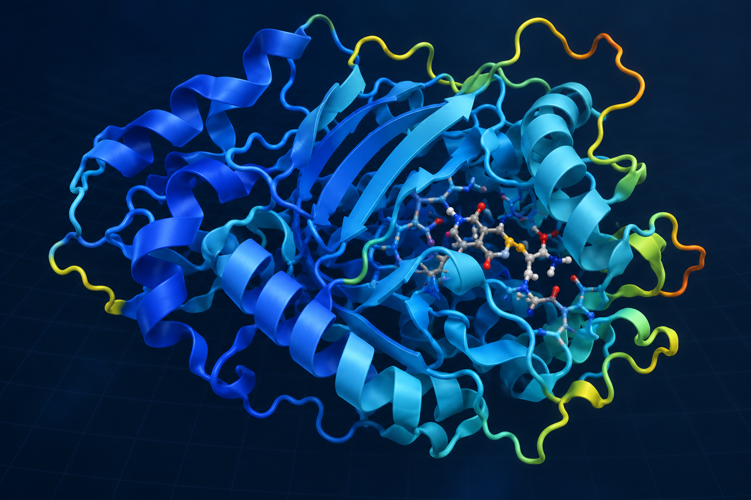 Predicted globular protein shown as a confidence-coloured ribbon model with a ligand in the binding pocket